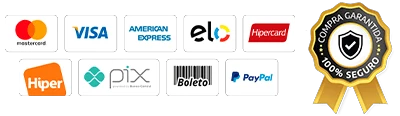 Formas de pagamento aceitas: Mastercard, Visa, American Express, Elo, Hipercard, Hiper, Pix, Boleto e PayPal — compra garantida e 100% segura